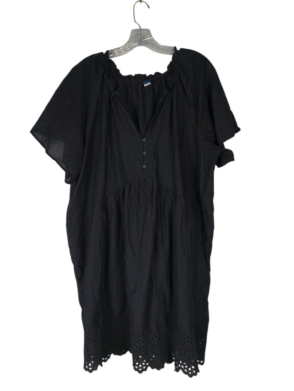 Old Navy Dress Women's XL Black Eyelet Cotton Split Neck Mini Swing Embroidery